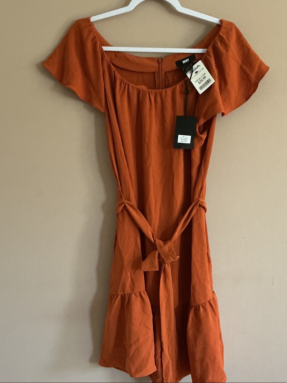 NWT DKNY Rust Orange Off-Shoulder Tie-Waist Mini Dress